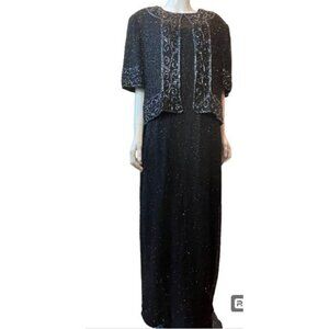 Camille Marie Women100% Silk Vintage 1980 Black Beaded Column Evening Maxi Dress